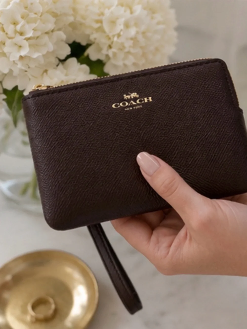 Coach Brown Pebbled Leather Wristlet 6” x 4.25” Gold Hardware